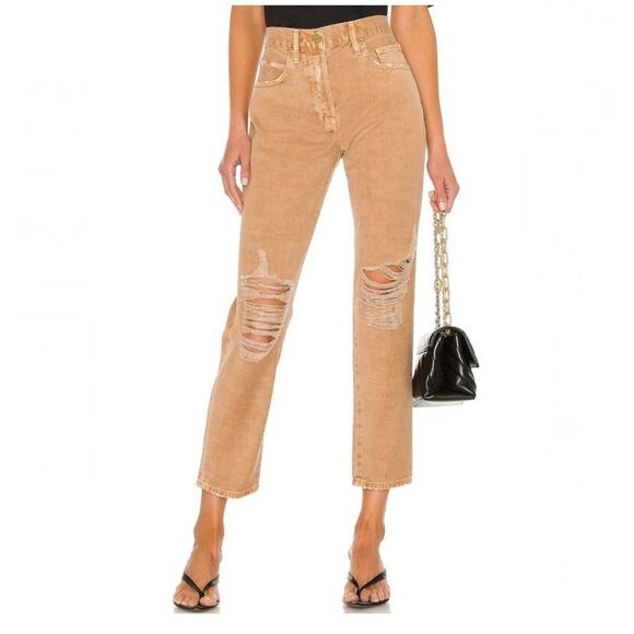 FRAME Le Original Women’s High Waist Slim Straight Leg Crop Jeans Distressed Tan - Picture 1 of 11